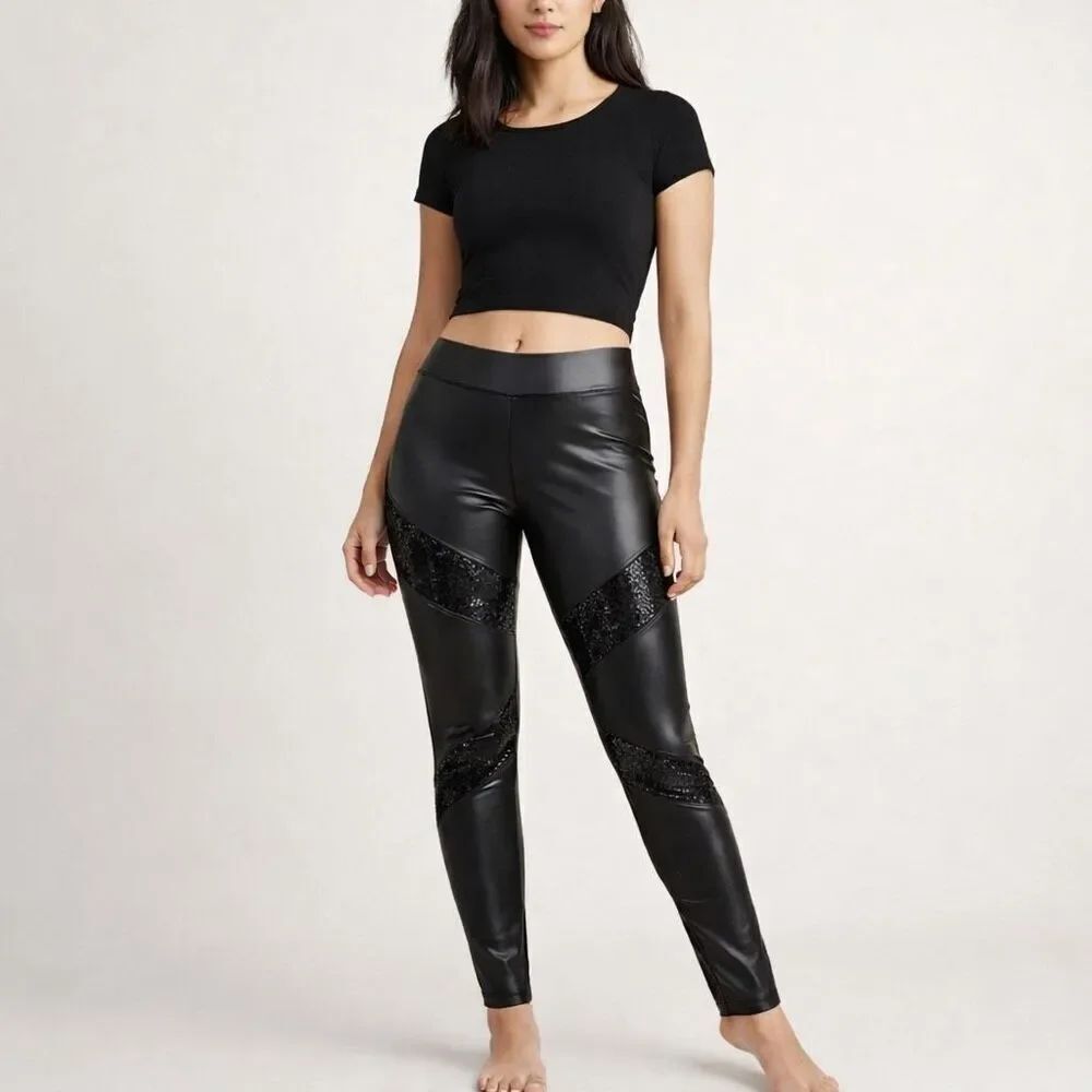 G by Guess Black Faux Leather Sequin Leggings XL Stretch Pants